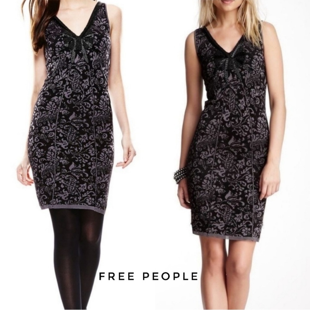 NWT Free People Black/Gray vneck sleeveless sweater fitted dress w black sequins